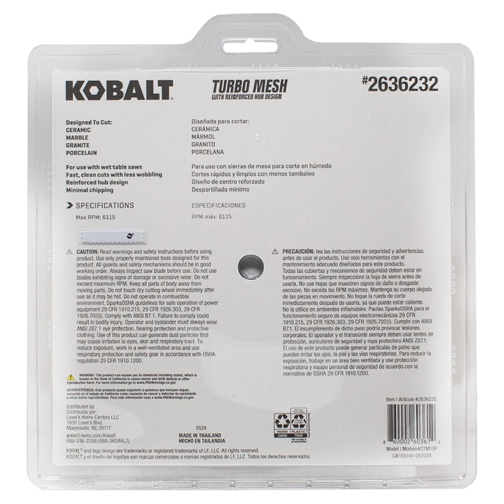 Kobalt CTM10P 10-in Wet Continuous Rim Diamond Saw Blade 5 Kobalt CTM10P 10-in Wet Continuous Rim Diamond Saw Blade -Kobalt Store 73436858